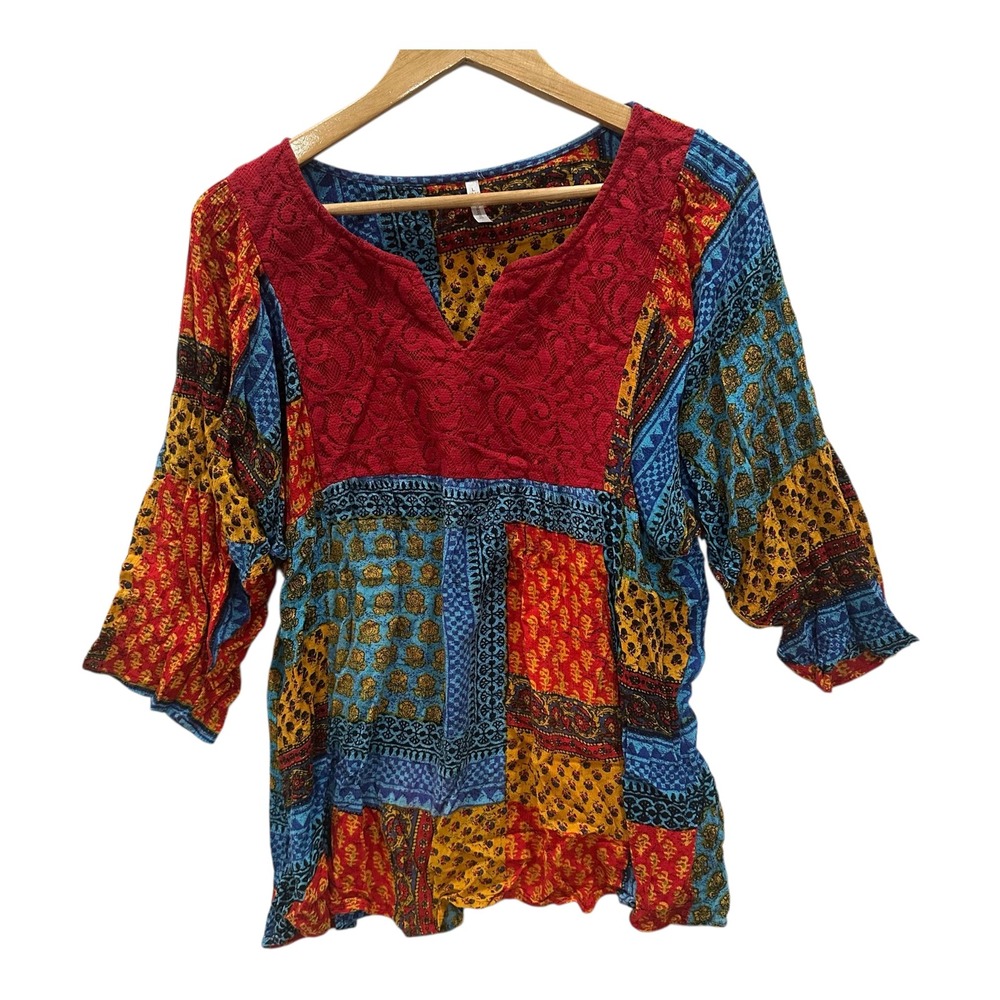 Passports Anthropologie Women L Patchwork Boho Lace Empire Waist Tunic Top